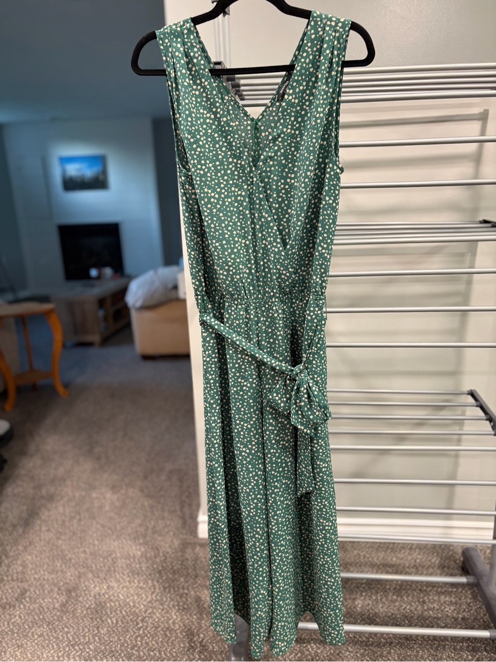 RW&CO. Green Printed V-Neck Tie-Waist Pant Jumpsuit